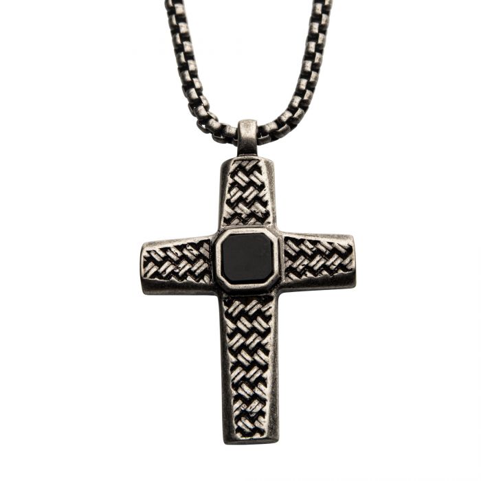 Stainless Steel Silver Plated Cross Pendant with Black Agate Stone, with Steel Box Chain