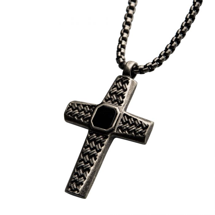 Stainless Steel Silver Plated Cross Pendant with Black Agate Stone, with Steel Box Chain