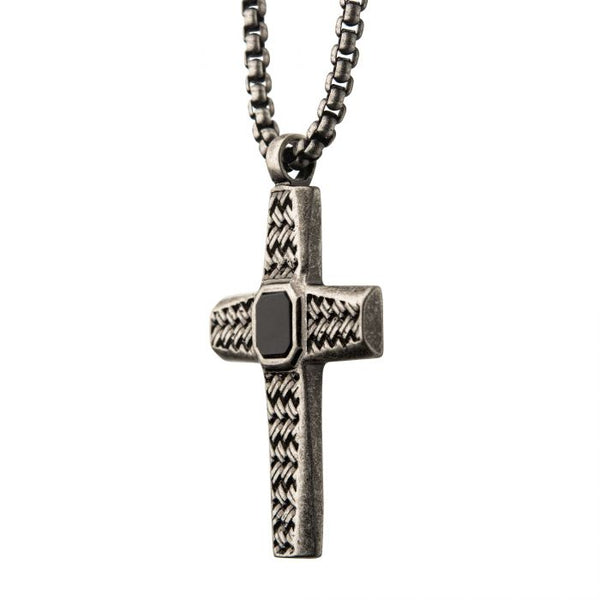 Stainless Steel Silver Plated Cross Pendant with Black Agate Stone, with Steel Box Chain