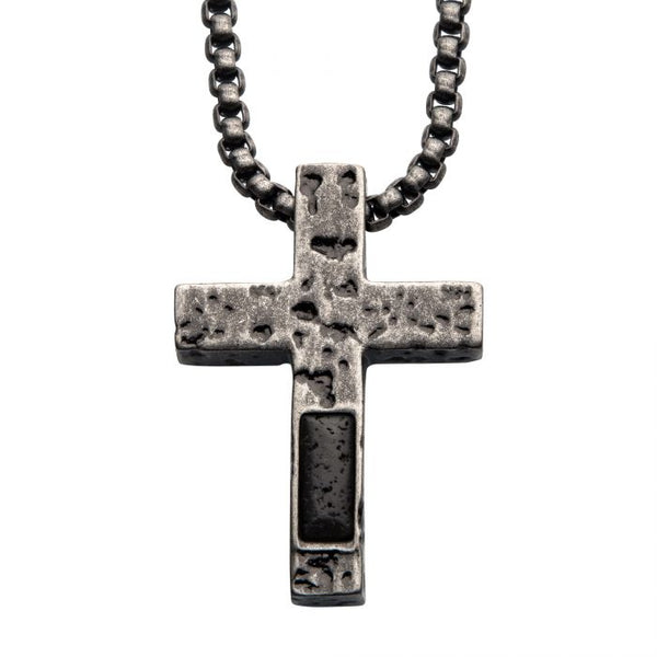 Stainless Steel Silver Plated Cross Pendant with Lava Stone Pendant, with Steel Box Chain