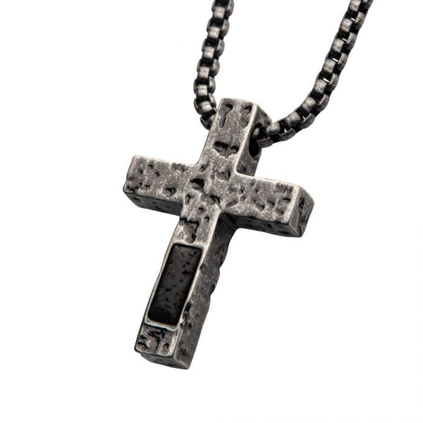 Stainless Steel Silver Plated Cross Pendant with Lava Stone Pendant, with Steel Box Chain