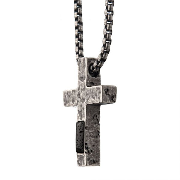 Stainless Steel Silver Plated Cross Pendant with Lava Stone Pendant, with Steel Box Chain