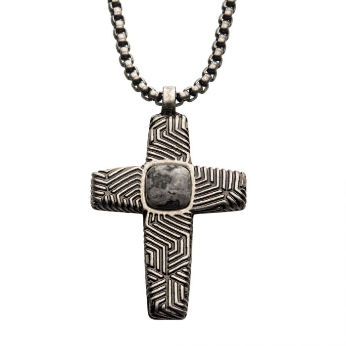 Stainless Steel Silver Plated Cross Pendant with Gray Jasper Stone, with Steel Box Chain