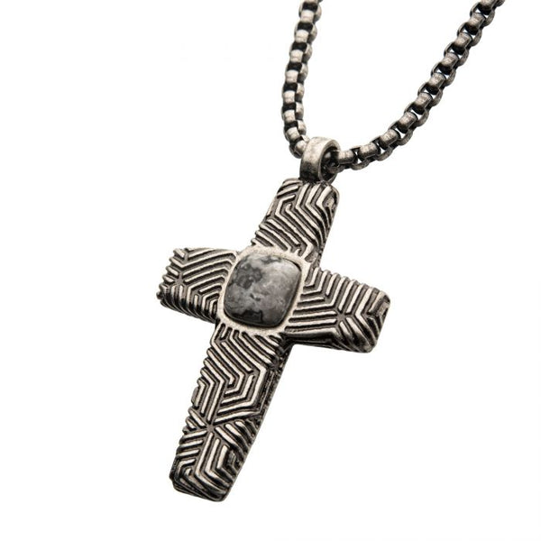 Stainless Steel Silver Plated Cross Pendant with Gray Jasper Stone, with Steel Box Chain