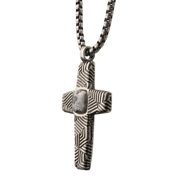 Stainless Steel Silver Plated Cross Pendant with Gray Jasper Stone, with Steel Box Chain