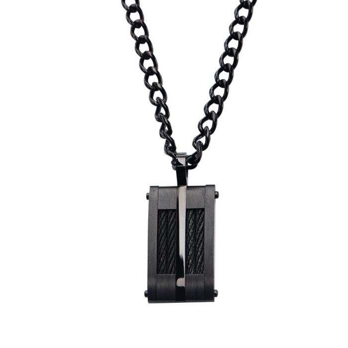 Black Plated & Cable Inlayed Dog Tag Pendant with  Chain