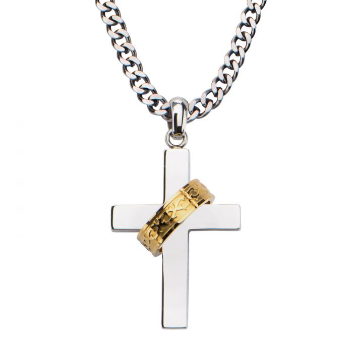 Gold Plated Ring in Steel Cross Pendant with Chain