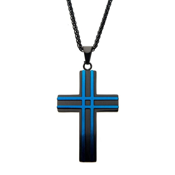 Matte Black & Blue Plated Layer Cross Pendant with Chain