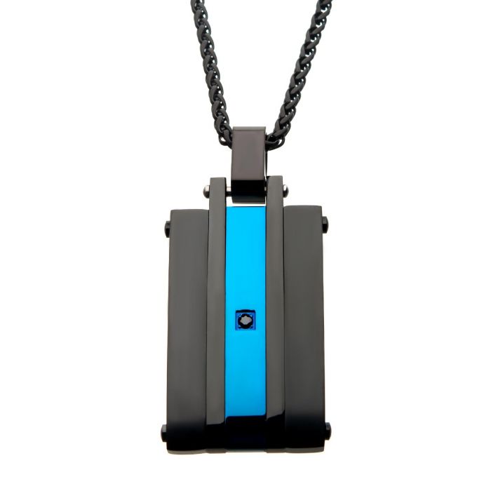 Matte Finished Black & Blue Plated with Black CZ Pendant with Chain