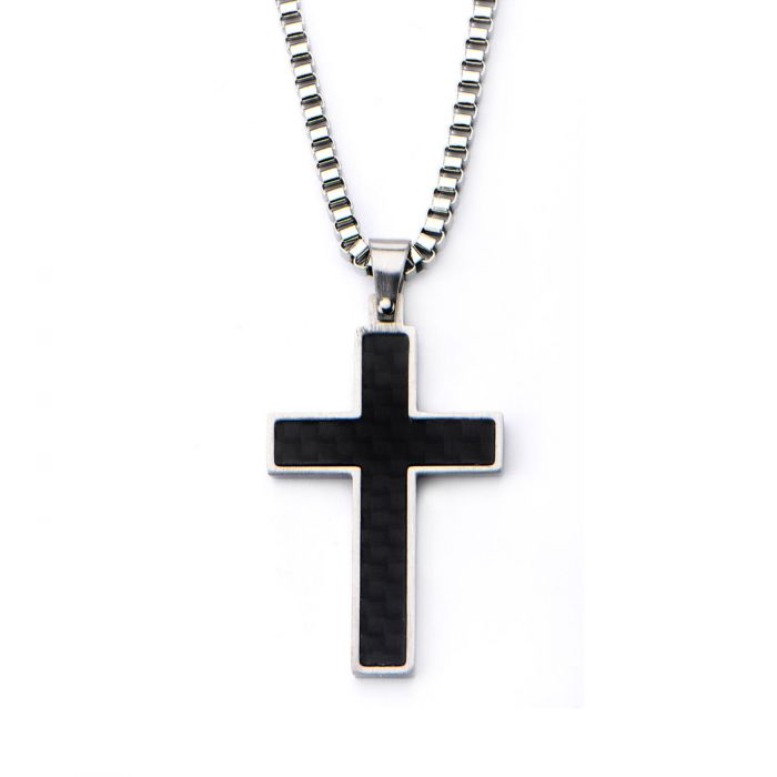 Black Solid Carbon Fiber Cross Pendant with Chain