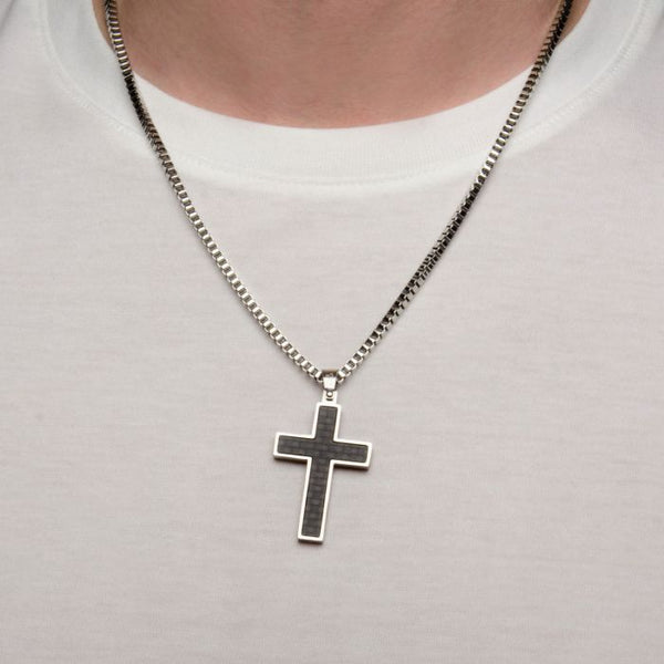 Black Solid Carbon Fiber Cross Pendant with Chain