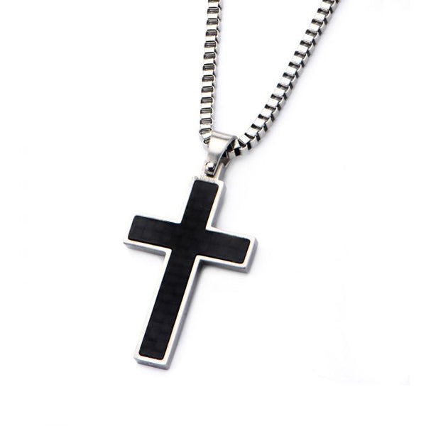 Black Solid Carbon Fiber Cross Pendant with Chain