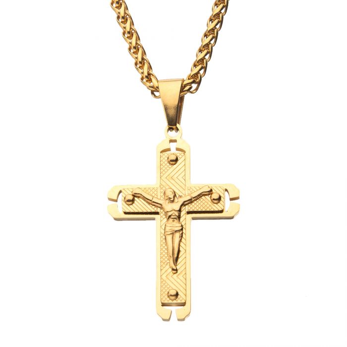 Gold Plated Jesus Crucifix Cross Pendant with Gold Wheat Chain