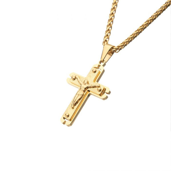 Gold Plated Jesus Crucifix Cross Pendant with Gold Wheat Chain