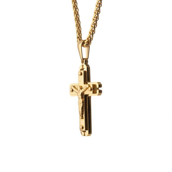 Gold Plated Jesus Crucifix Cross Pendant with Gold Wheat Chain