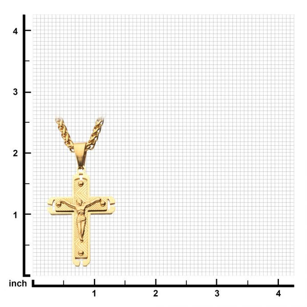 Gold Plated Jesus Crucifix Cross Pendant with Gold Wheat Chain