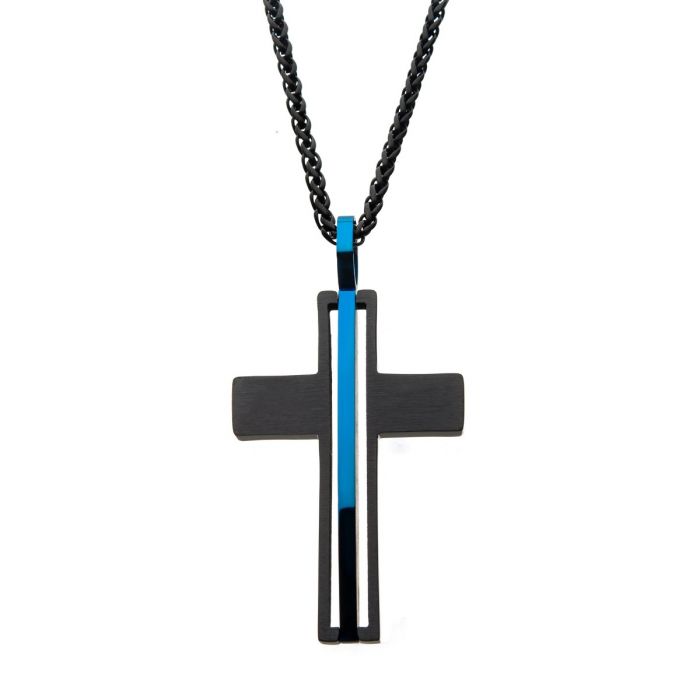 Matte Black Plated with Thin Blue Line Pendant with Chain