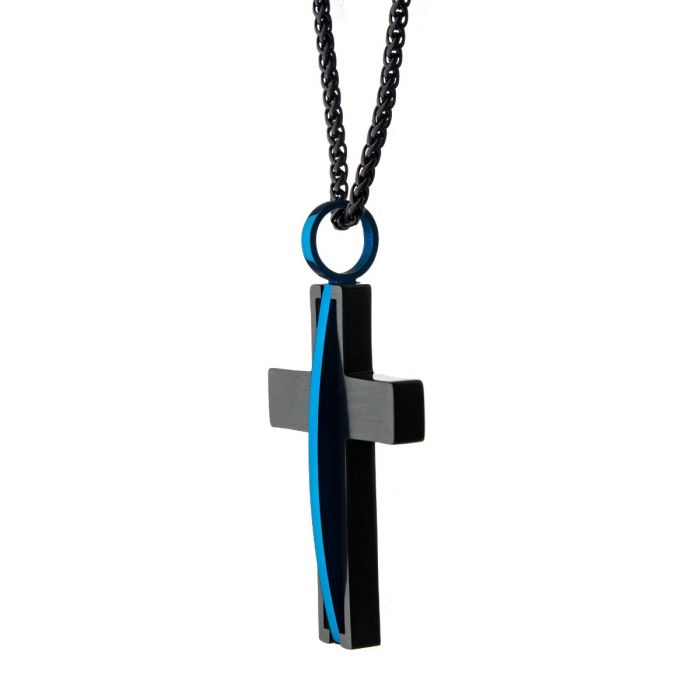 Matte Black Plated with Thin Blue Line Pendant with Chain