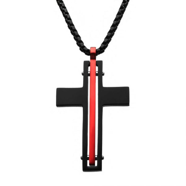 Dante  Black and Red Matte Thin Red Line Cross Pendant with Round Box Chain