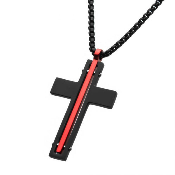 Dante  Black and Red Matte Thin Red Line Cross Pendant with Round Box Chain