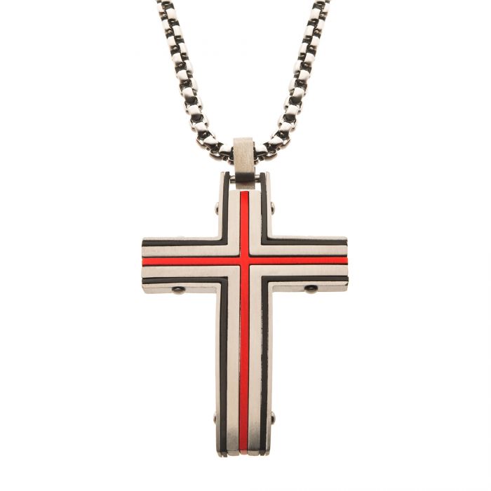 Steel & Red Plated Dante Cross Pendant with Chain