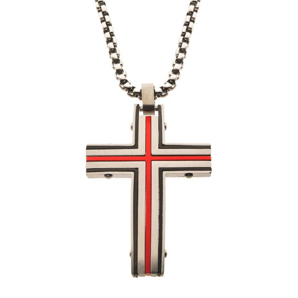 Steel & Red Plated Dante Cross Pendant with Chain