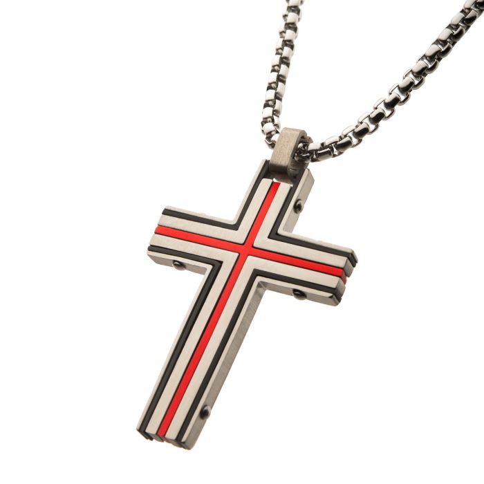 Steel & Red Plated Dante Cross Pendant with Chain