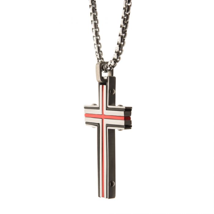 Steel & Red Plated Dante Cross Pendant with Chain