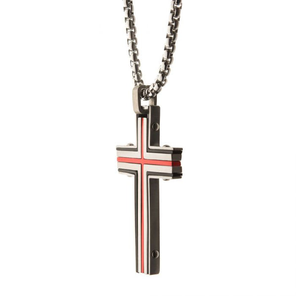 Steel & Red Plated Dante Cross Pendant with Chain