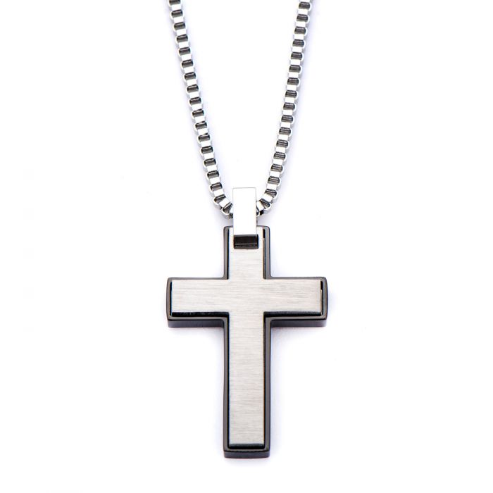 Black Plated and Stainless Steel Cross Pendant with Chain