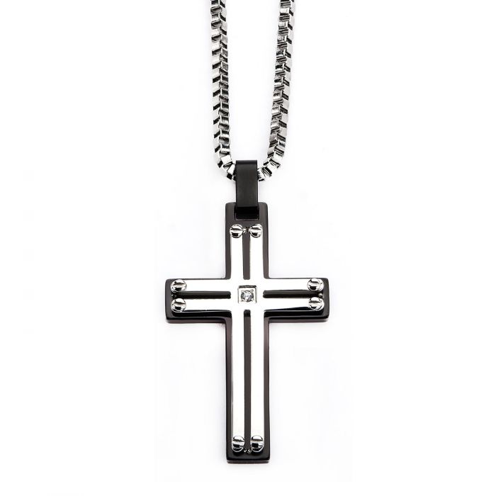 Black Plated and Stainless Steel Screw with Clear CZ Cross Pendant with Chain