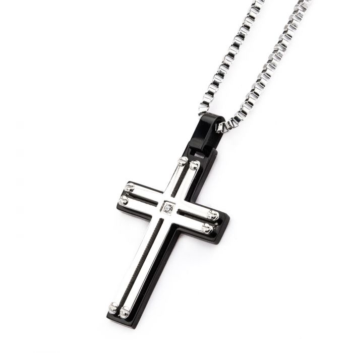 Black Plated and Stainless Steel Screw with Clear CZ Cross Pendant with Chain