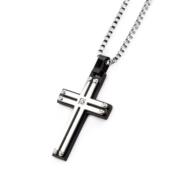 Black Plated and Stainless Steel Screw with Clear CZ Cross Pendant with Chain