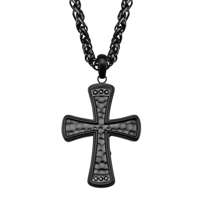 Stainless Steel Black Plated with Black CZ Gem Hammered Cross Pendant with Chain