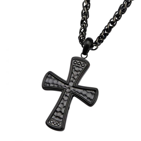 Stainless Steel Black Plated with Black CZ Gem Hammered Cross Pendant with Chain