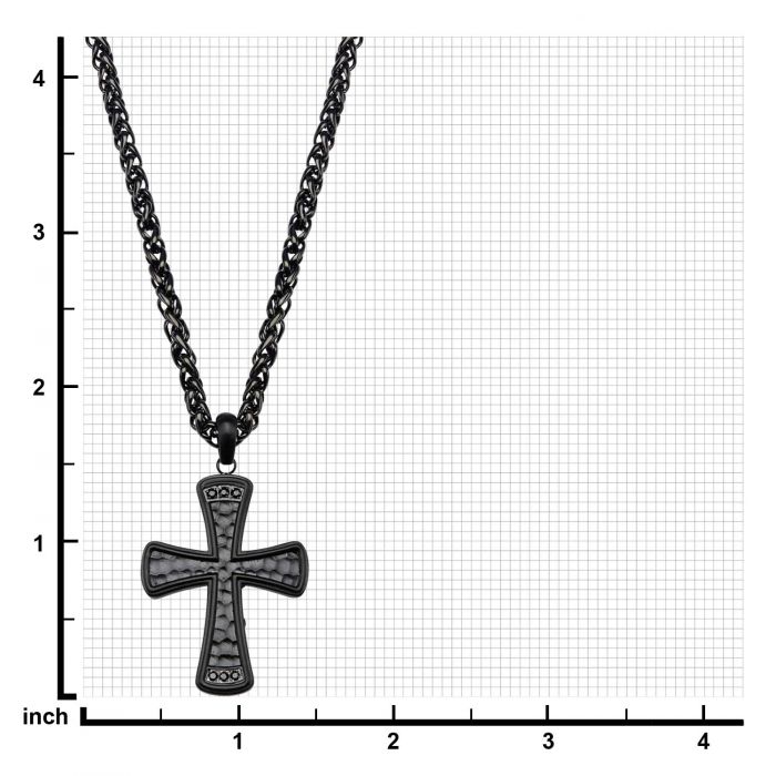 Stainless Steel Black Plated with Black CZ Gem Hammered Cross Pendant with Chain