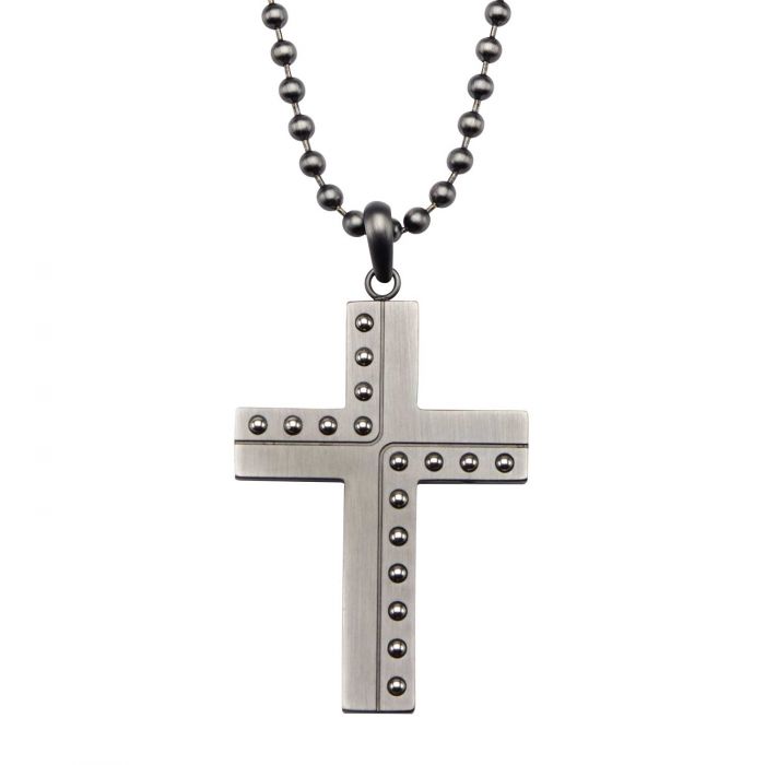 Stainless Steel Gun Metal Polish with Beaded Steel Cross Pendant with Chain