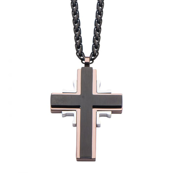 Black IP Rose Gold IP and Stainless Steel Tri-tone Layered Cross Pendant with Chain