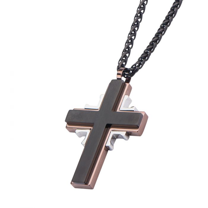 Black IP Rose Gold IP and Stainless Steel Tri-tone Layered Cross Pendant with Chain