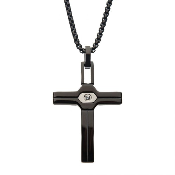 Steel Black Plated with Black CZ Cross Pendant with Black Rolo Chain