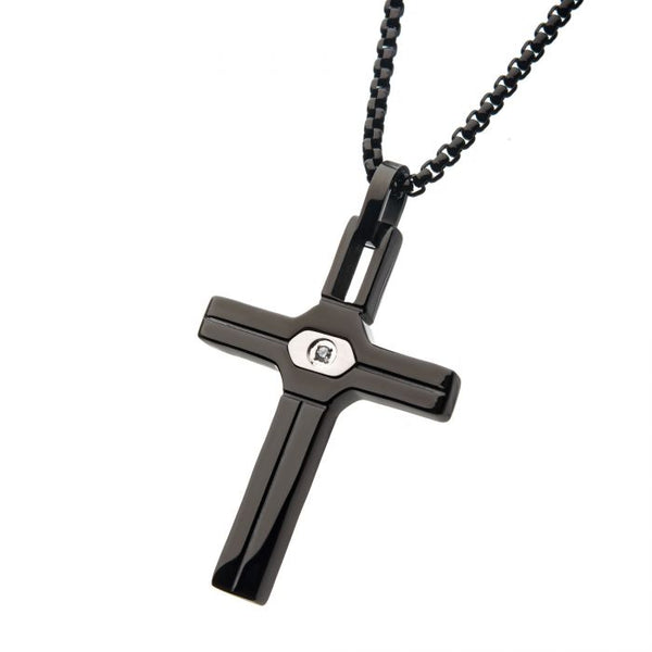 Steel Black Plated with Black CZ Cross Pendant with Black Rolo Chain