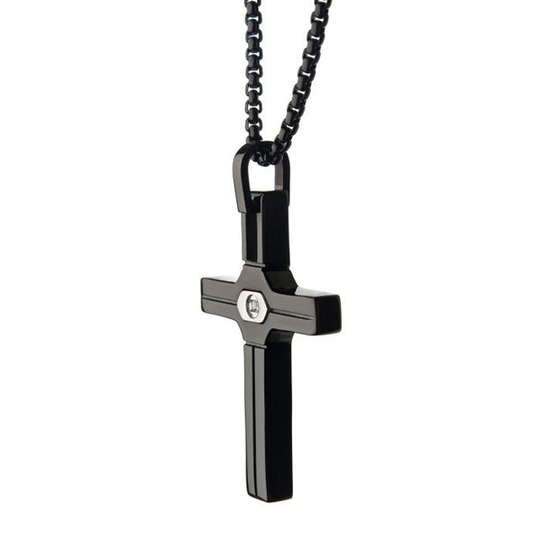 Steel Black Plated with Black CZ Cross Pendant with Black Rolo Chain