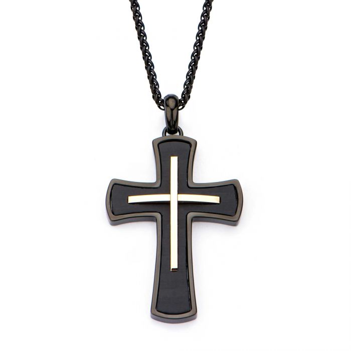 Thin Rose Gold Plated Cross Overlapped in Black Plated Cross Pendant with Matte Black Round Wheat Chain