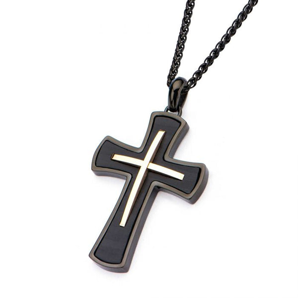 Thin Rose Gold Plated Cross Overlapped in Black Plated Cross Pendant with Matte Black Round Wheat Chain