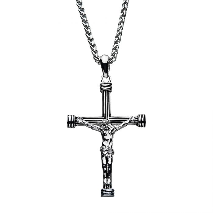 Stainless Steel Jesus Christ Crucifix Cross Pendant with Round Wheat Chain