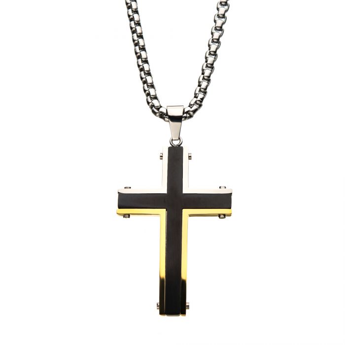 Steel Black and Gold Plated Cross Pendants with Chain