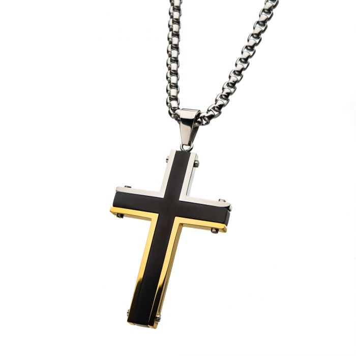 Steel Black and Gold Plated Cross Pendants with Chain