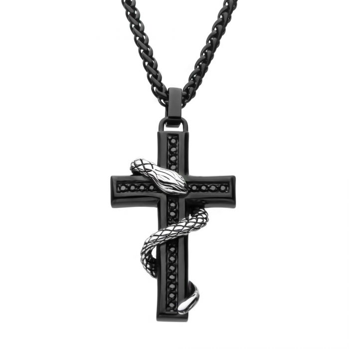 Stainless Steel Black Plated with Black CZ Snake Cross Pendant with Wheat Chain