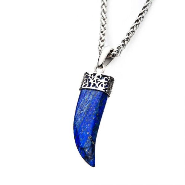 Stainless Steel with Lapis Lazuli Stone Horn Pendant, with Steel Wheat Chain