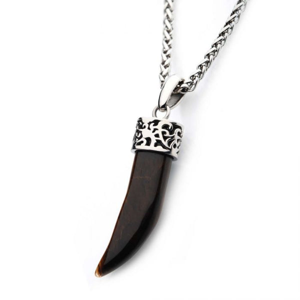 Stainless Steel with Tiger Eye Stone Horn Pendant, with Steel Wheat Chain